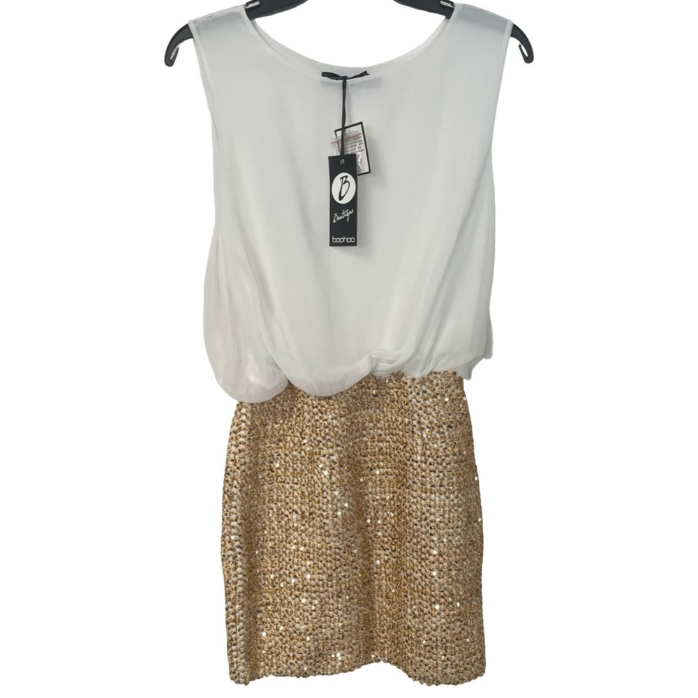 NWT Boohoo Mini Dress Ivory Chiffon Gold Sequin 2 in 1 Bodycon Dress Size 6